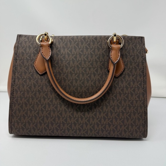 Michael Kors Marilyn Signature Medium Satchel Bag Brown Beige Stripe - Picture 2 of 10